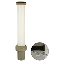 The Starpak cup dispenser is a cylindrical tube (67 x 13 x 15.5 cm) made of gray plastic for 100 cups (top Ø 7.03 cm), with a bottom flange, mounting thread, and including metal screws, as shown separately on a white surface.