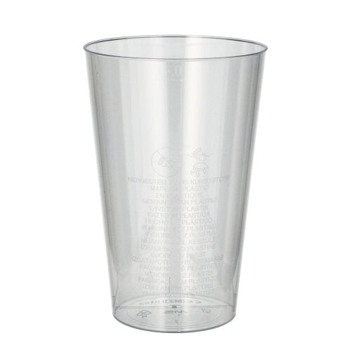 A Starpak 50 drinking cup made of crystal-clear polystyrene stands upright on a white background; measurement scales and recycling symbols are clearly visible on the side.