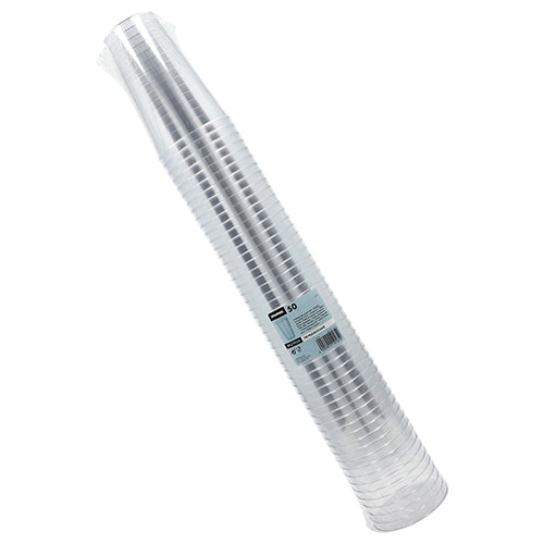 A stack of Starpak 50 drinking cups, PS crystal-clear disposable cups is wrapped in plastic packaging with a label featuring the Starpak brand and product information.