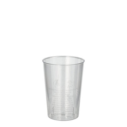 A crystal-clear Starpak 40 drinking cup (PS, 0.1l, Ø 5.5cm · 7.5cm) stands against a white background. Light text details are visible on the shrink wrap – ideal for parties and events (40 pieces).