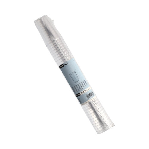 A transparent stack with 40 Starpak drinking cups (PS, 0.1 L, Ø5.5 x 7.5 cm), crystal-clear and wrapped in shrink wrap with a blue label – ideal for parties and events.