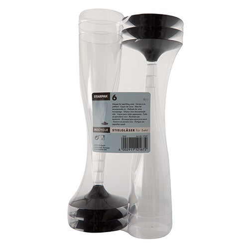 A six-pack of Starpak stem glasses for champagne (0.1 l, Ø 5 cm, 17.5 cm, crystal clear) made of PS with a black base, stacked and packed in a clear packaging with a product information label.