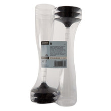 A six-pack of Starpak stem glasses for champagne (0.1 l, Ø 5 cm, 17.5 cm, crystal clear) made of PS with a black base, stacked and packed in a clear packaging with a product information label.