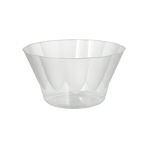 The Starpak 400 ml crystal-clear polystyrene ice cream and dessert bowl (Ø 12 cm, H 7 cm) from the pack of 20 impresses with a slightly flared rim and faceted design – perfect for desserts, presented against a white background.