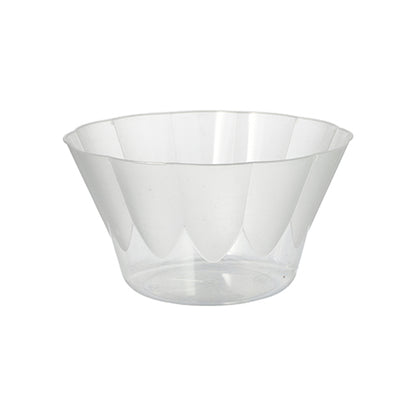 The Starpak 400 ml crystal-clear polystyrene ice cream and dessert bowl (Ø 12 cm, H 7 cm) from the pack of 20 impresses with a slightly flared rim and faceted design – perfect for desserts, presented against a white background.