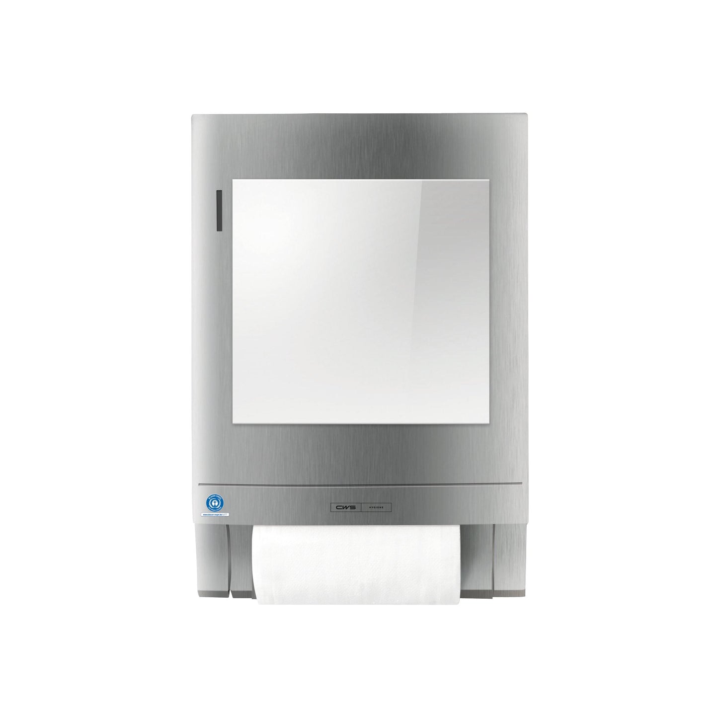 The CWS mirror attachment, designed for - 4502000, is a stainless steel paper towel dispenser with a reflective front panel and visible paper roll at the bottom, depicted on a white background.
