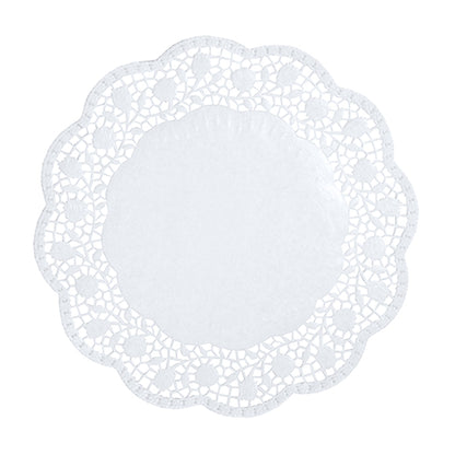 The PAPSTAR 100 round, white doilies from PAPSTAR GmbH is a round white doily with a wavy edge and a filigree, lace-like cut-out pattern, shown from above on a plain background.
