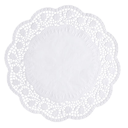 The PAPSTAR 100 round, white doilies from PAPSTAR GmbH is a round white doily with a solid core and a filigree, lace-like wavy edge with floral and geometric patterns made from FSC-certified material.
