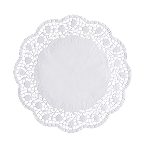 The PAPSTAR 100 round, white doilies from PAPSTAR GmbH are made of FSC-certified paper, have a solid center, and a filigree, floral-like pattern at the wavy edge.