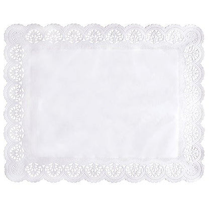 The PAPSTAR 100 decorative paper doilies square, white from PAPSTAR GmbH is a rectangular white doily with a plain center and an ornate lace edge with circle and fan motifs.