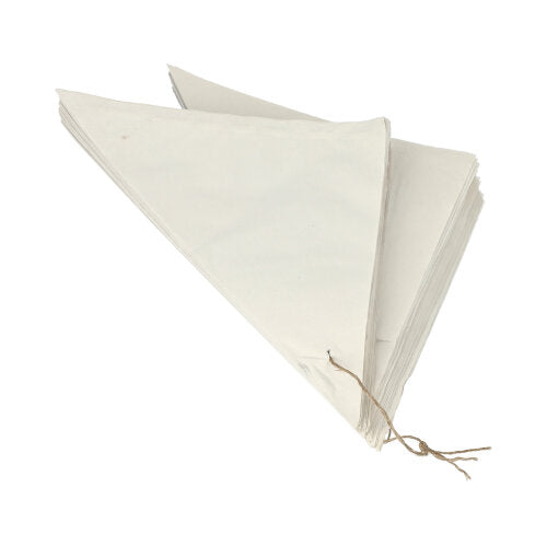 A stack of PAPSTAR 1000 cone bags made of cellulose, threaded by PAPSTAR GmbH, loosely tied with brown string on a white background - an eco-friendly design.
