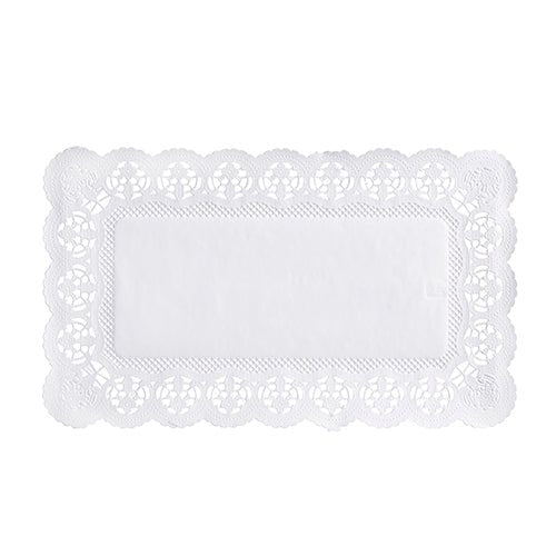 A rectangular white PAPSTAR 100 decorative paper doily from PAPSTAR GmbH with a firm center and an ornate lace edge with a floral pattern.