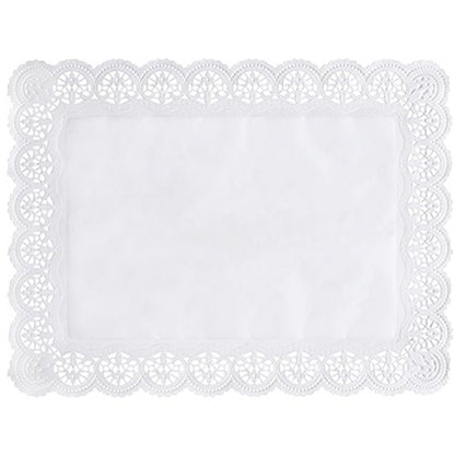 The PAPSTAR 100 decorative paper doilies square, white from PAPSTAR GmbH consists of rectangular, white decorative paper with a detailed lace-like edge, scalloped edges, and a smooth center on a plain background.
