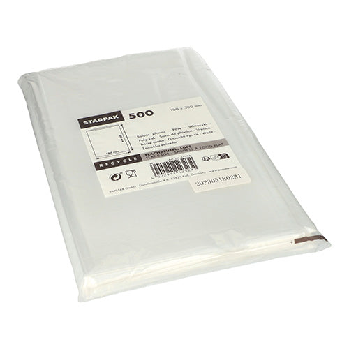 The Starpak 500 flat bag, transparent LDPE, offers a high-quality packaging solution. The flat bags are visible in transparent packaging with product information, recycling symbols, and a barcode on the label.