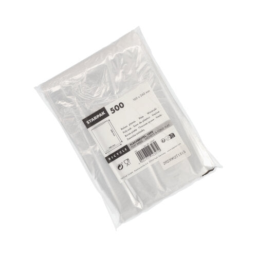 The Starpak 500 flat bags made of transparent LDPE are packaged in clear packaging with a white label showing product details, dimensions, and barcodes.