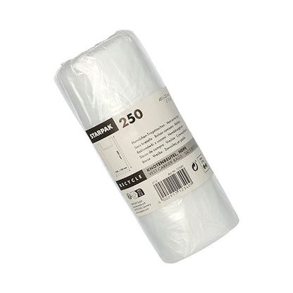A roll of 250 transparent Starpak HDPE knot bags (48 x 22 x 12 cm) in shrink wrap, with a beige-black label with brand name, quantity, barcode, and recycling information.