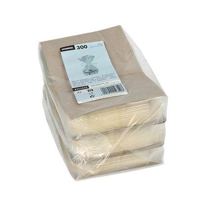 The Starpak 300 flat-bottom bag, PP transparent from Starpak, contains 300 brown disposable paper napkins in three bundles, topped with a blue and white 'Starpak 300' label.