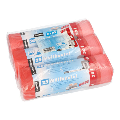 Three rolls of Starpak 75 garbage bags with drawstring, red HDPE bags (30 l, 70 x 55 cm), each roll with a blue and white label with the inscription "garbage bags" and images of garbage bins, a total of 75 bags per package.