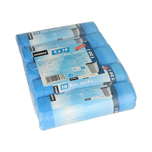 A package containing 50 Starpak HDPE drawstring trash bags, 120L (100x70cm), blue, wrapped in shrink wrap. The packaging includes product details and instructions for use.