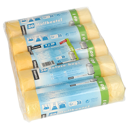 Eine kunststoffumwickelte Starpak-Packung enthält 100 gelbe Müllsäcke mit Zugband (HDPE, 60 l, 71 x 64 cm), aufgeteilt in fünf Rollen mit je 20 Säcken. Die Etiketten enthalten Anweisungen und Produktdetails in mehreren Sprachen für einfache Handhabung und Stabilität.