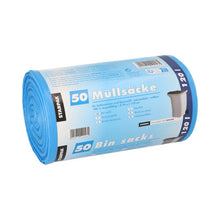 A roll of 50 blue HDPE garbage bags from Starpak (120 l, 110 x 70 cm), labeled with product details and a trash can image. Packaged as "Starpak 50 garbage bags, HDPE 120 l 110 cm x 70 cm blue | Band (50 pieces)".