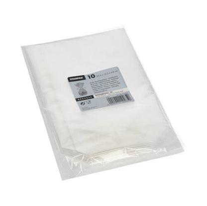 A pack of ten Starpak 10 bottom bags, PP transparent from Starpak is neatly stacked in a clear packaging that shows the bags and contains product information and dimensions.