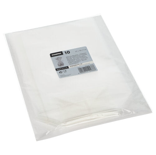 A pack of 10 Starpak bottom bags made of transparent PP in a rectangular, clear packaging with a white-gray label with product information and barcode.