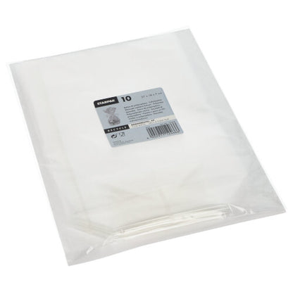 A pack of 10 Starpak bottom bags made of transparent PP in a rectangular, clear packaging with a white-gray label with product information and barcode.