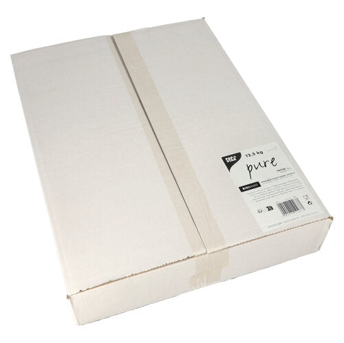 A sealed, simple, white box from PAPSTAR GmbH contains 12.5 kg of "pure" white parchment substitute, a biodegradable, greaseproof paper alternative. A label on one side identifies the contents.