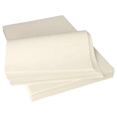 A stack of smooth, unlined PAPSTAR parchment substitute "pure" white sheets (12.5 kg, greaseproof) from PAPSTAR GmbH is partially overlapping. These eco-friendly, cream-colored sheets are biodegradable and ideal for sustainable use.