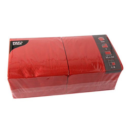 Depicted is a plastic-wrapped package PAPSTAR GmbH 250 napkins, 3-ply 1/4-fold. The packaging highlights the brand and indicates that these red napkins are 33 x 33 cm in size and contain a total of 250 pieces.