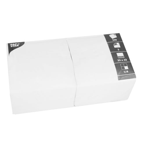 A package PAPSTAR 250 napkins, 3-ply 1/4-fold (33 x 33 cm) from PAPSTAR GmbH - ideal for professional or home use, with quarter-folded white napkins in hygienic packaging.