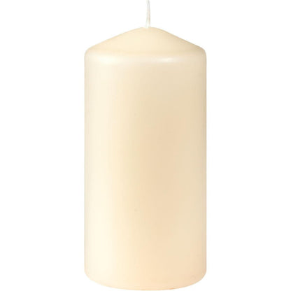 A large, unlit cream-colored pillar candle (Duni GmbH, 100 x 50 mm, approx. 20h burning time) with a flat base and rounded tip is depicted against a plain white background.