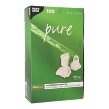 A green box from PAPSTAR GmbH with the inscription "pure" contains 100 white poultry frills (1.8 cm), ideal for festive poultry dishes. The German/French packaging shows two frill images, a green stem with water droplets, and the product dimensions.