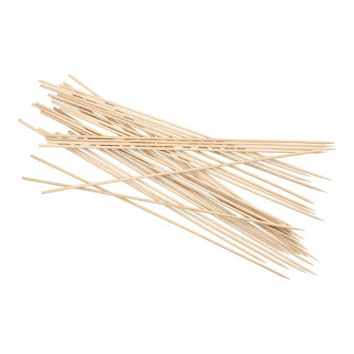 A stack of PAPSTAR wooden skewer sticks "pure", Ø 3 mm, 30 cm long (package of 500 pieces) from PAPSTAR GmbH is spread out on a white background. The barbecue skewers are thin, straight, and have pointed ends.