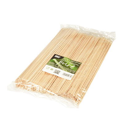 The PAPSTAR wooden skewers "pure", 3mm x 30cm, from PAPSTAR GmbH are packaged in a transparent plastic packaging and contain 500 environmentally friendly disposable wooden skewers with a green-white "Pure" label.