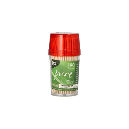 The PAPSTAR GmbH dispenser contains 190 round wooden toothpicks "pure", each 6.5 cm long, in a clear jar with a red lid and green label.
