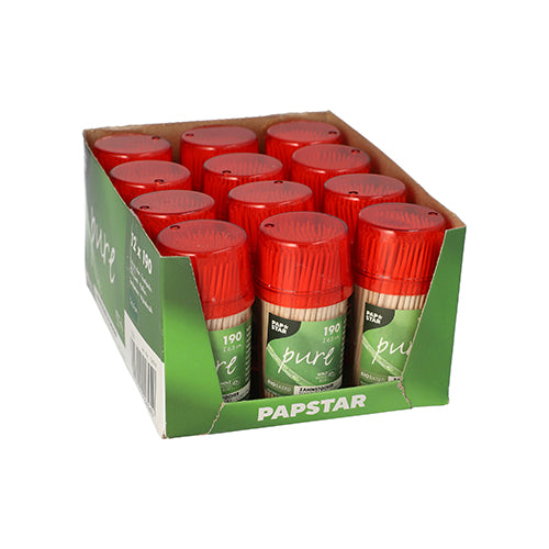 A dispenser holds 190 PAPSTAR round wooden toothpicks "pure" (6.5 cm) from PAPSTAR GmbH - ideal for combining with your favorite spices at parties.