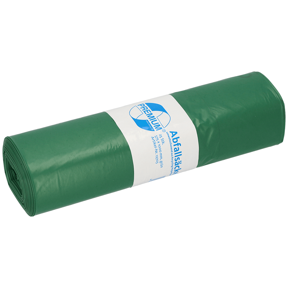 A roll of DEISS 12703 garbage bags (575x1000 mm, type 60, green, 25 pieces) from EMIL DEISS KG (GmbH + Co.) with a white-blue label and neatly folded ends. Ideal for efficient waste management. Solid white background.