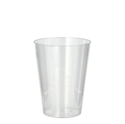 A Starpak 10 drinking cup made of PS (0.2 l, Ø 7.5 cm, 9.7 cm) stands crystal clear and empty against a white background. The transparent cup shows fine surface markings.