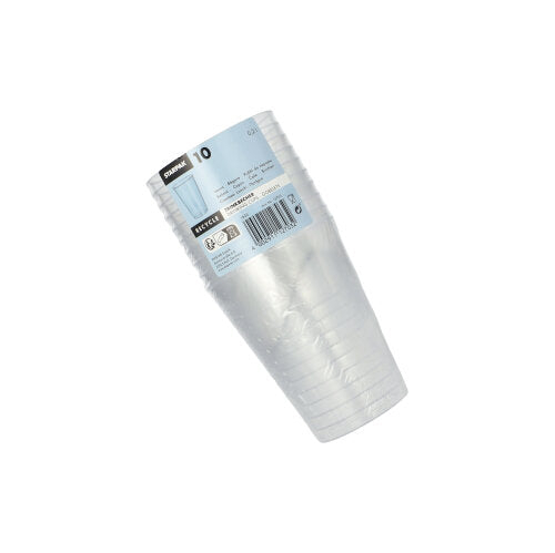 A pack of 10 Starpak crystal clear disposable drinking cups made of plastic (PS, 0.2 l, Ø 7.5 cm x 9.7 cm) is shrink-wrapped and provided with a blue and white label with product information and a barcode.