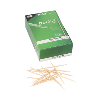A green "pure" box with the inscription PAPSTAR toothpicks round made of FSC-certified wood, 6.8 cm (1000 pieces) shows scattered toothpicks on the front; the packaging contains product information in multiple languages.