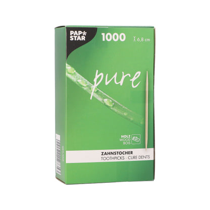 A green box of PAPSTAR GmbH with the inscription "PAPSTAR toothpicks round made of FSC-certified wood 'pure', 6.8 cm" contains 1000 toothpicks, shows a toothpick image, a diagonal green leaf, and text in German, English, and French.
