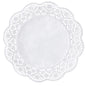 The PAPSTAR GmbH doilies round Ø 36 cm, white (12 pieces, shrink wrap) are characterized by a solid-colored core and a lace-like, floral wave edge - ideal as elegant cake doilies or for cake decoration, here from above on a solid-colored background.