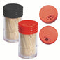 Two transparent plastic dispensers of PAPSTAR wooden round toothpicks, 6.5 cm (260 pieces) from PAPSTAR GmbH - with black and red twist caps. Close-ups show the holes in the red dispenser twist cap for dispensing toothpicks.