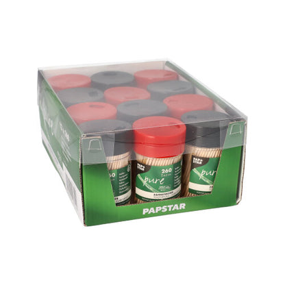A box of PAPSTAR wooden round toothpicks (6.5 cm) from PAPSTAR GmbH contains 260 toothpicks in practical dispenser cans with twist lids, green and white label, and partially clear plastic packaging.