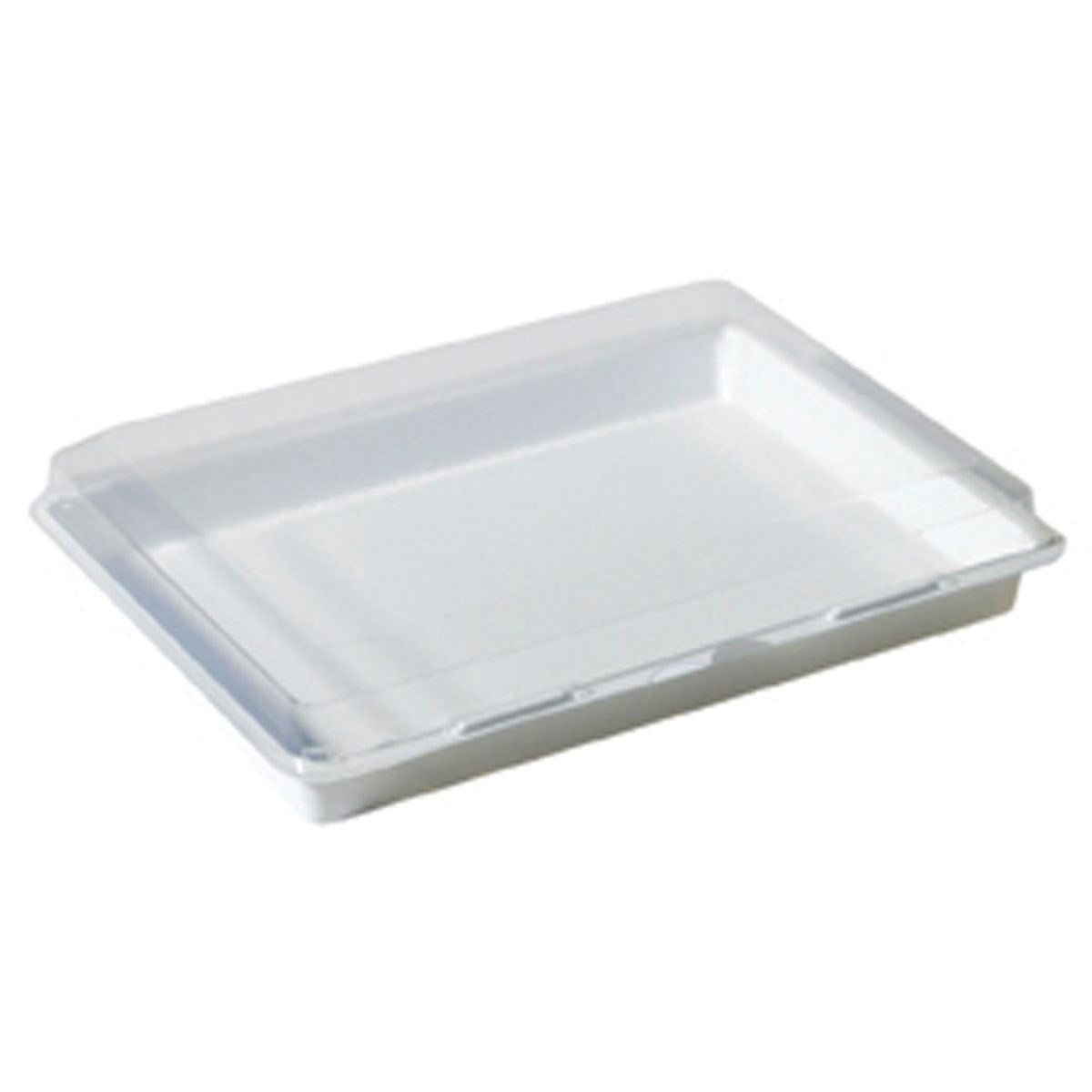 The Duni GmbH Lunchbox White Transparent (338x250x63 mm) is a clear, rectangular, flat PS tray with a raised edge and flat bottom, perfect for practical storage. Pictured on a white background. Pack of 100 pieces.