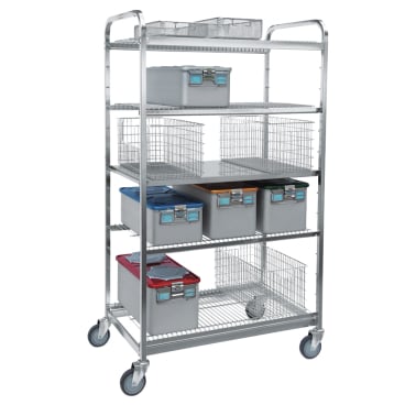 The Novocal sterile goods shelf trolley with a stainless steel frame features four shelves for hanging trays, is easily movable with four wheels, and has handles at both ends - ideal for use in medical facilities.