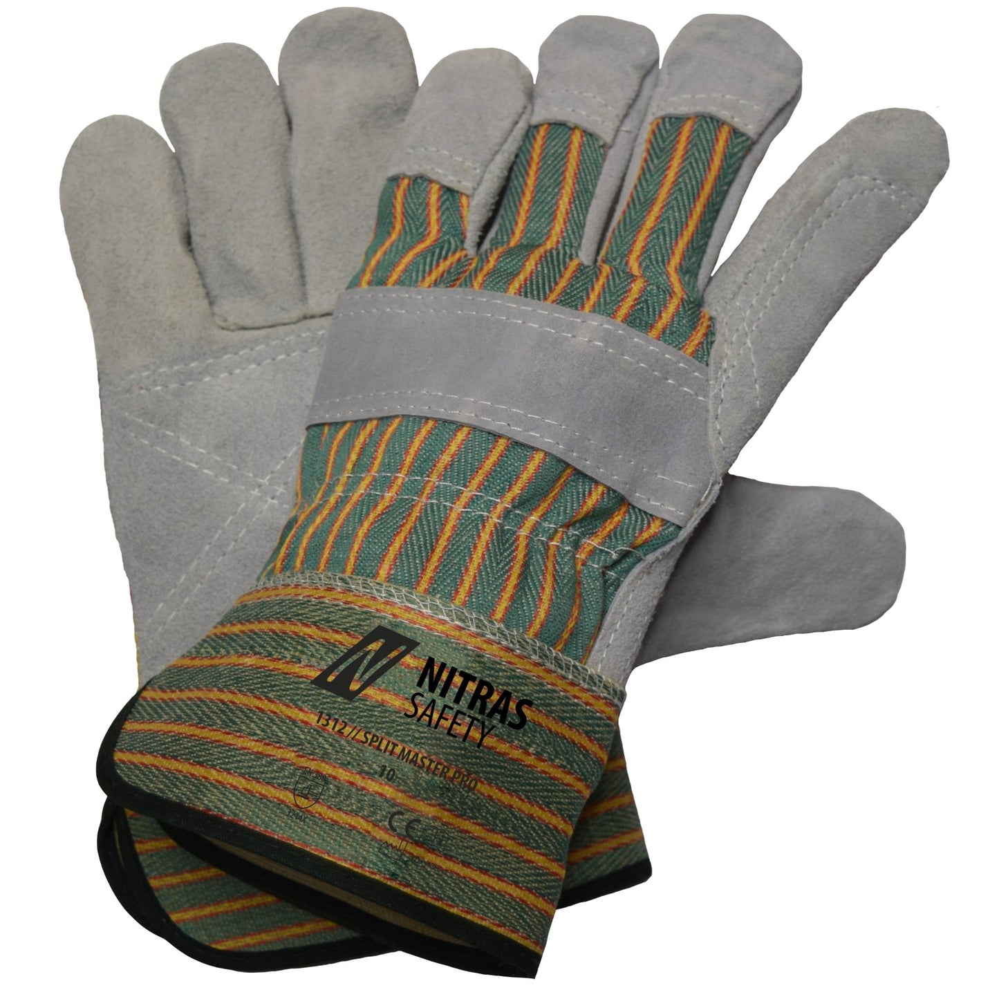 NITRAS SPLIT MASTER PRO, cow split leather gloves, green / red / yellow striped / gray, EN 388 cotton | Pack (12 pairs)