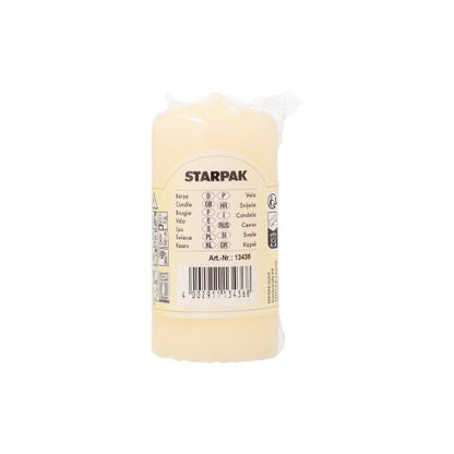 A white Starpak pillar candle with extra long burning time (Ø 50 mm, 100 mm) stands upright with a label reading “Candle” in various languages, a barcode, and product details.